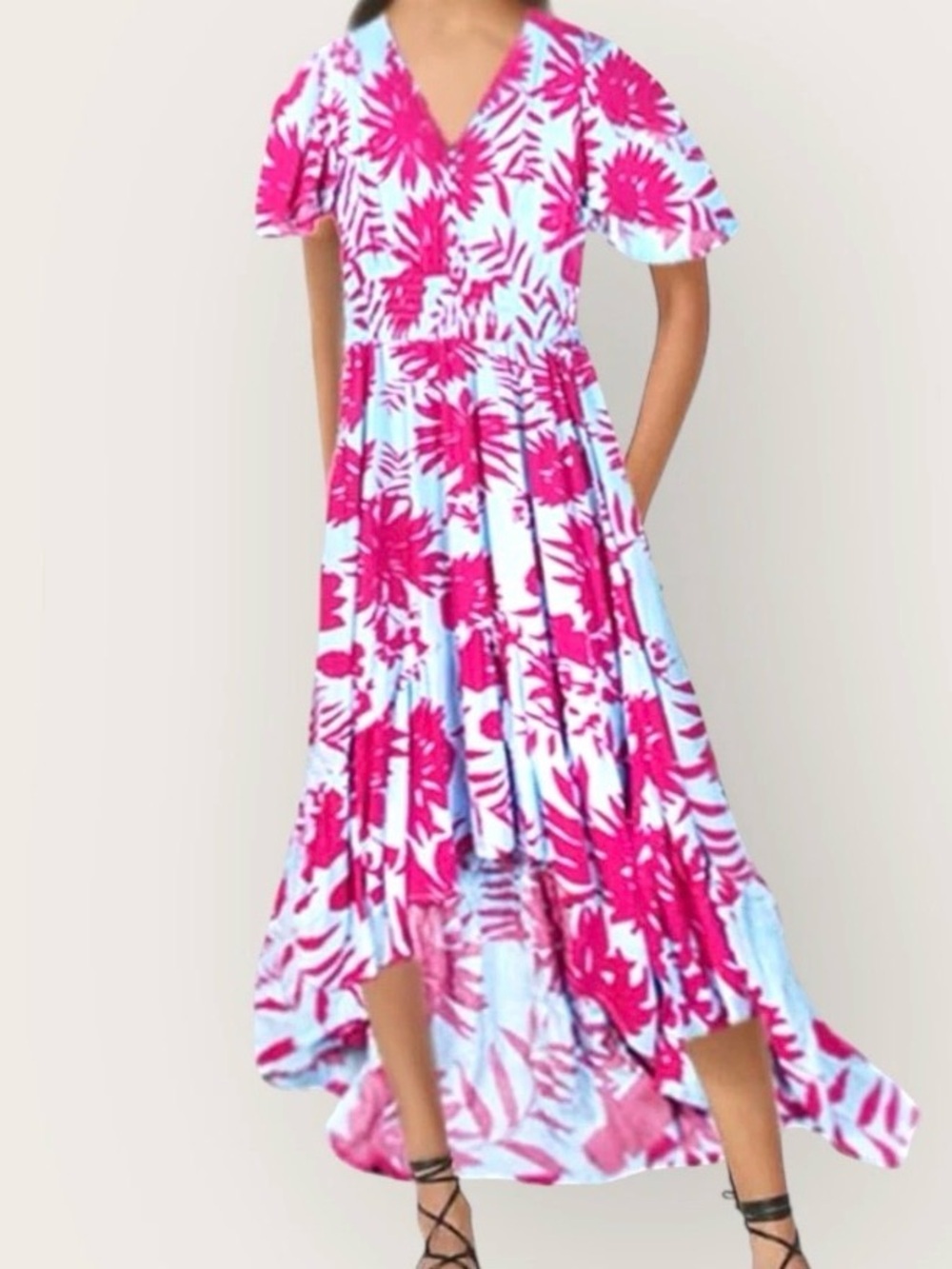 Abel The Label Anthropologie Maxi dress size Large Floral Light Blue Pink Rayon